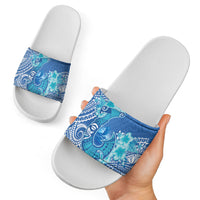 Hawaii Discoverers Day Slide Sandals Polynesian Fish Hook With Hibiscus Blue