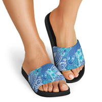 Hawaii Discoverers Day Slide Sandals Polynesian Fish Hook With Hibiscus Blue