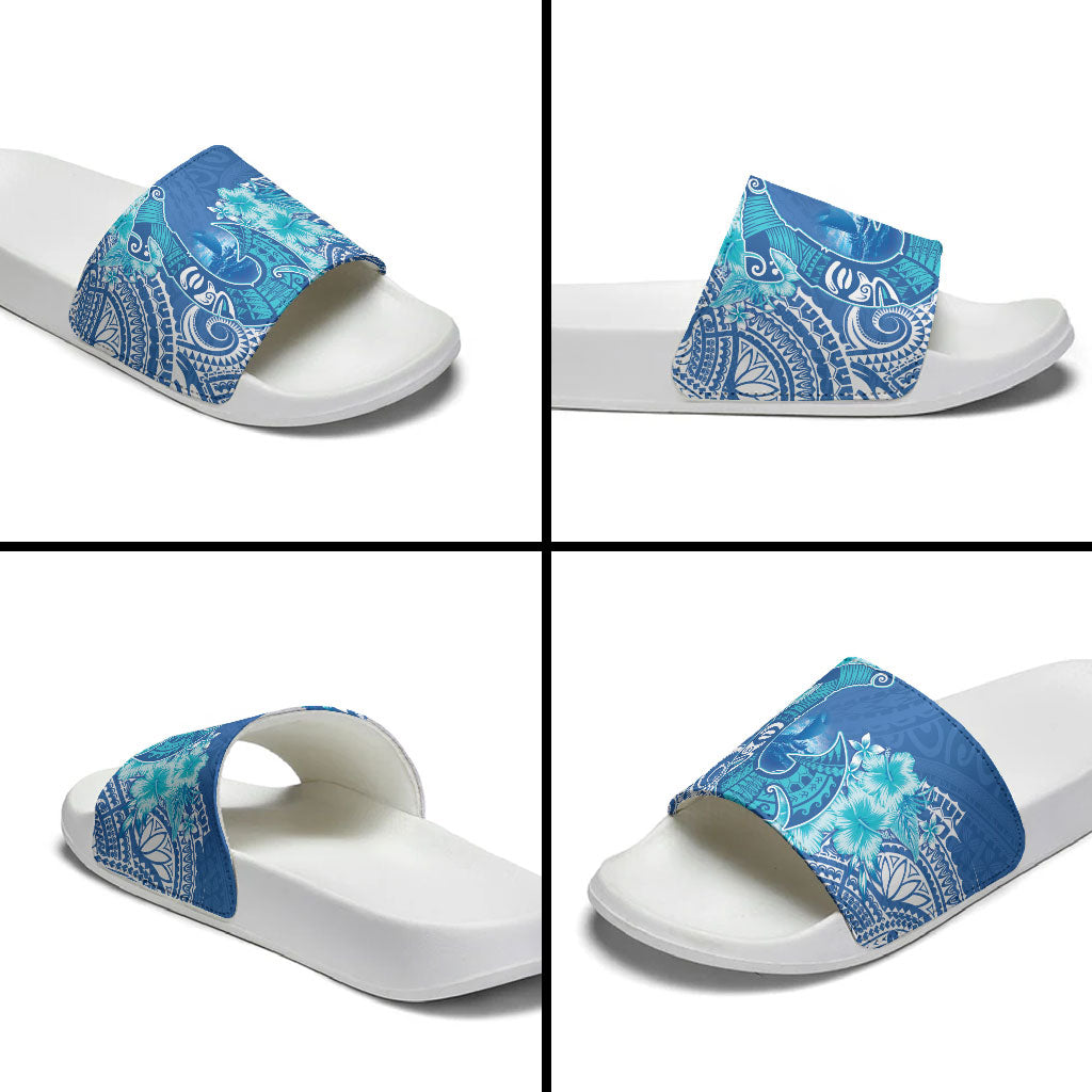 Hawaii Discoverers Day Slide Sandals Polynesian Fish Hook With Hibiscus Blue