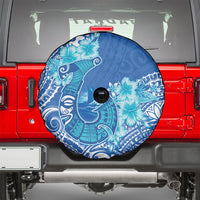 Hawaii Discoverers Day Spare Tire Cover Polynesian Fish Hook With Hibiscus Blue