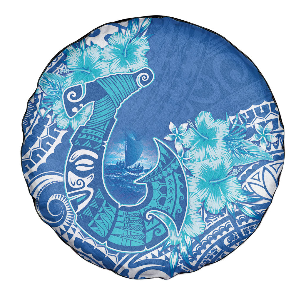 Hawaii Discoverers Day Spare Tire Cover Polynesian Fish Hook With Hibiscus Blue