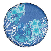 Hawaii Discoverers Day Spare Tire Cover Polynesian Fish Hook With Hibiscus Blue
