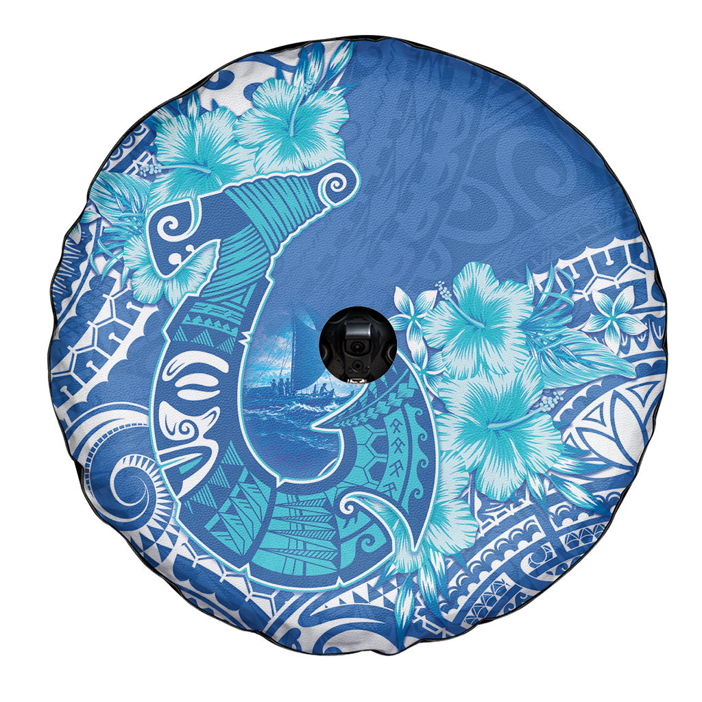 Hawaii Discoverers Day Spare Tire Cover Polynesian Fish Hook With Hibiscus Blue