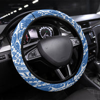 Hawaii Discoverers Day Steering Wheel Cover Polynesian Fish Hook With Hibiscus Blue