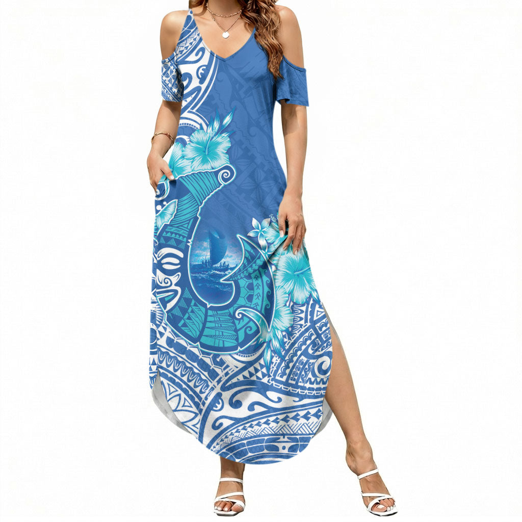 Hawaii Discoverers Day Summer Maxi Dress Polynesian Fish Hook With Hibiscus Blue
