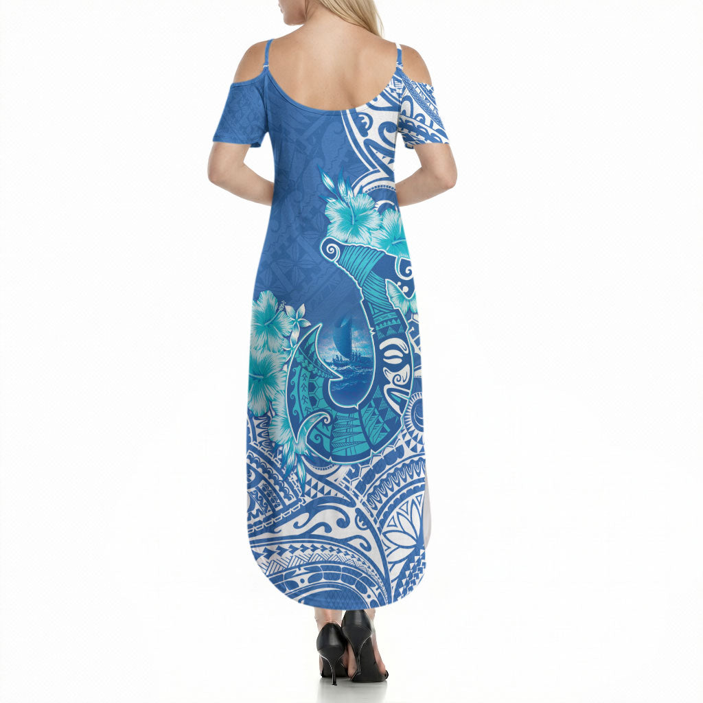 Hawaii Discoverers Day Summer Maxi Dress Polynesian Fish Hook With Hibiscus Blue
