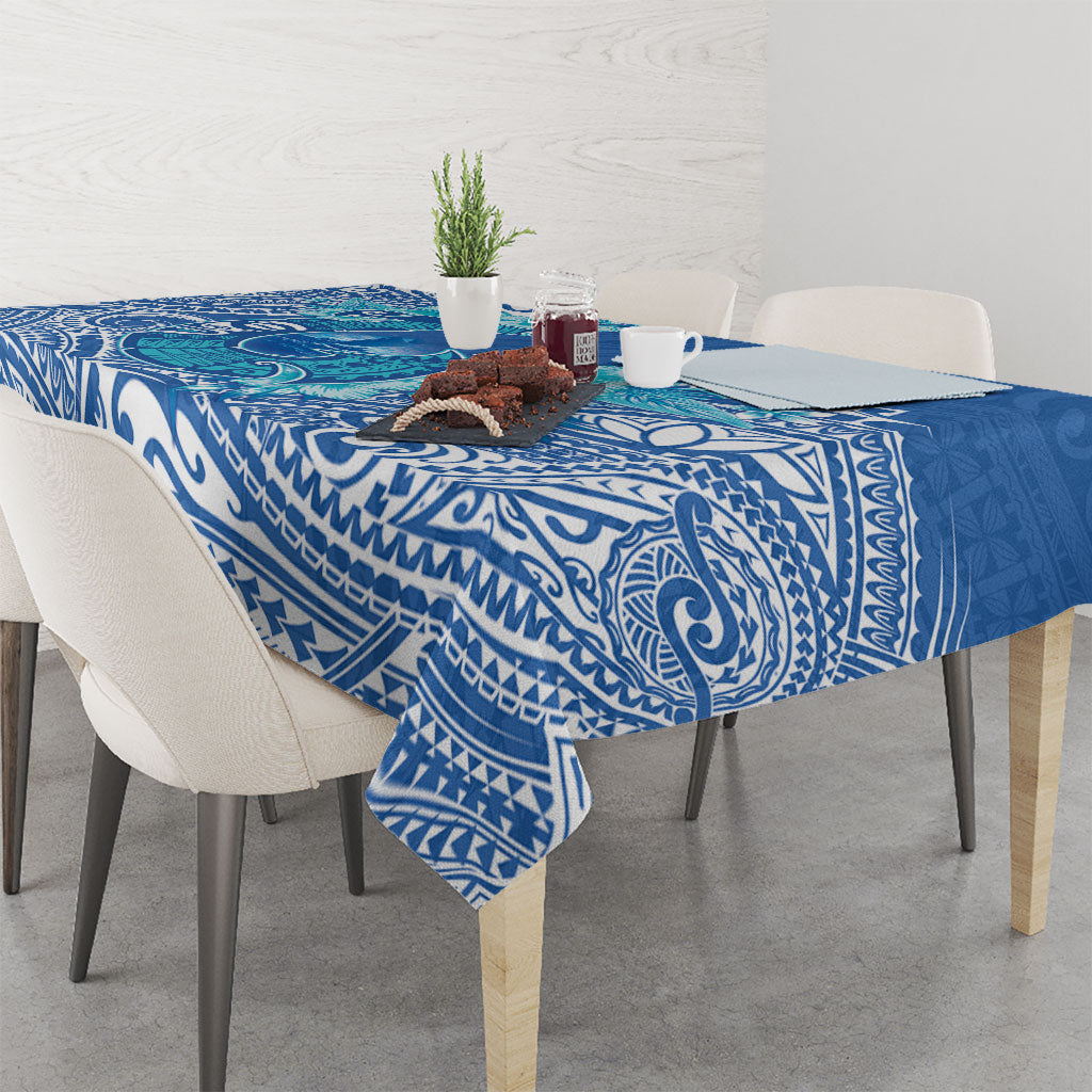Hawaii Discoverers Day Tablecloth Polynesian Fish Hook With Hibiscus Blue