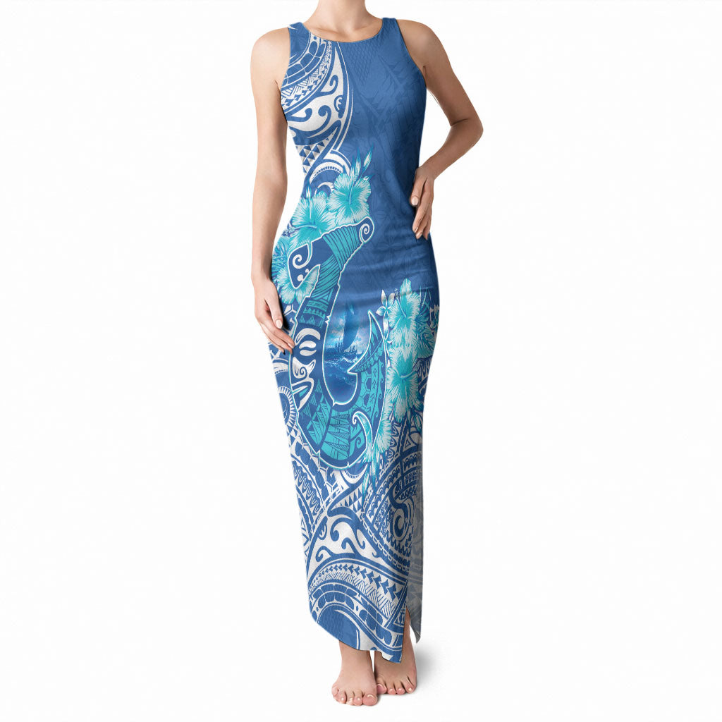 Hawaii Discoverers Day Tank Maxi Dress Polynesian Fish Hook With Hibiscus Blue