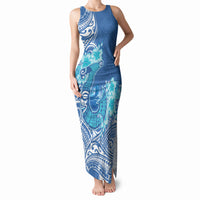 Hawaii Discoverers Day Tank Maxi Dress Polynesian Fish Hook With Hibiscus Blue