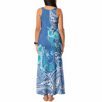 Hawaii Discoverers Day Tank Maxi Dress Polynesian Fish Hook With Hibiscus Blue
