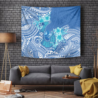 Hawaii Discoverers Day Tapestry Polynesian Fish Hook With Hibiscus Blue