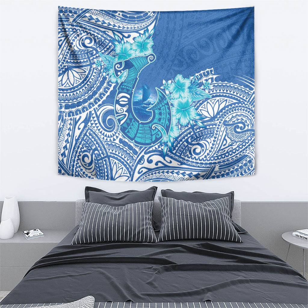 Hawaii Discoverers Day Tapestry Polynesian Fish Hook With Hibiscus Blue