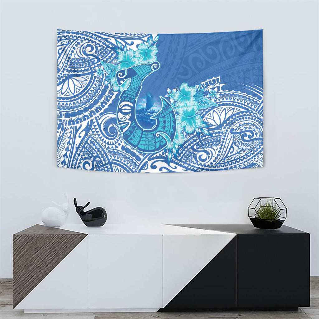 Hawaii Discoverers Day Tapestry Polynesian Fish Hook With Hibiscus Blue