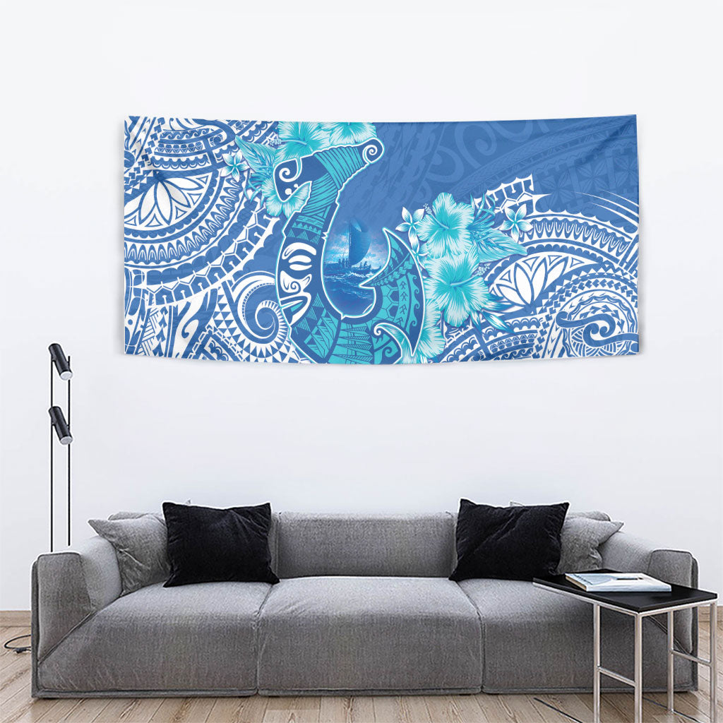 Hawaii Discoverers Day Tapestry Polynesian Fish Hook With Hibiscus Blue