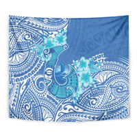Hawaii Discoverers Day Tapestry Polynesian Fish Hook With Hibiscus Blue
