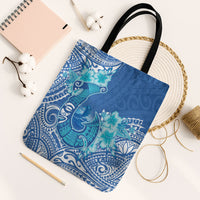 Hawaii Discoverers Day Tote Bag Polynesian Fish Hook With Hibiscus Blue