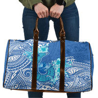 Hawaii Discoverers Day Travel Bag Polynesian Fish Hook With Hibiscus Blue
