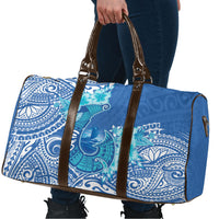 Hawaii Discoverers Day Travel Bag Polynesian Fish Hook With Hibiscus Blue