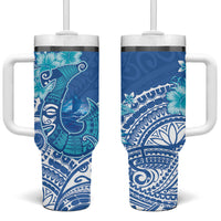 Hawaii Discoverers Day Tumbler With Handle Polynesian Fish Hook With Hibiscus Blue