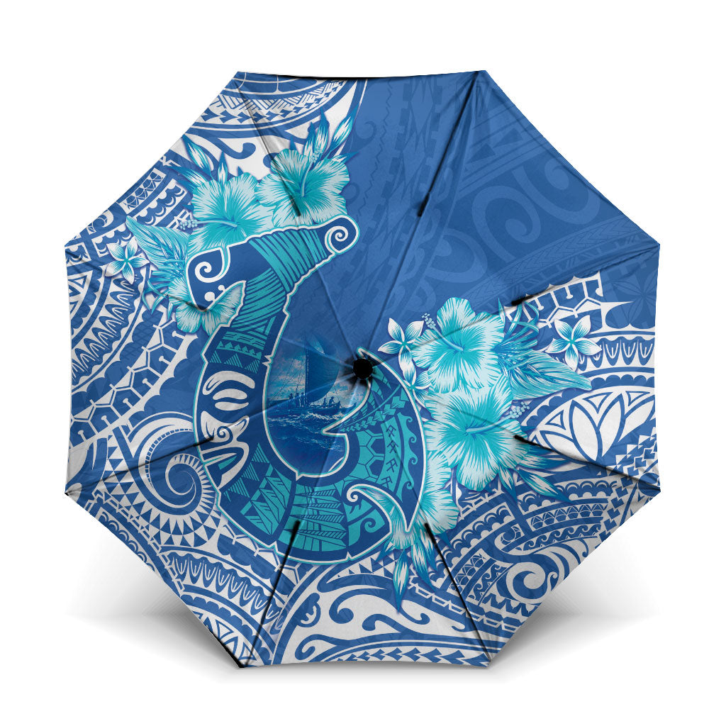 Hawaii Discoverers Day Umbrella Polynesian Fish Hook With Hibiscus Blue