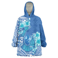 Hawaii Discoverers Day Wearable Blanket Hoodie Polynesian Fish Hook With Hibiscus Blue
