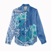 Hawaii Discoverers Day Women Casual Shirt Polynesian Fish Hook With Hibiscus Blue