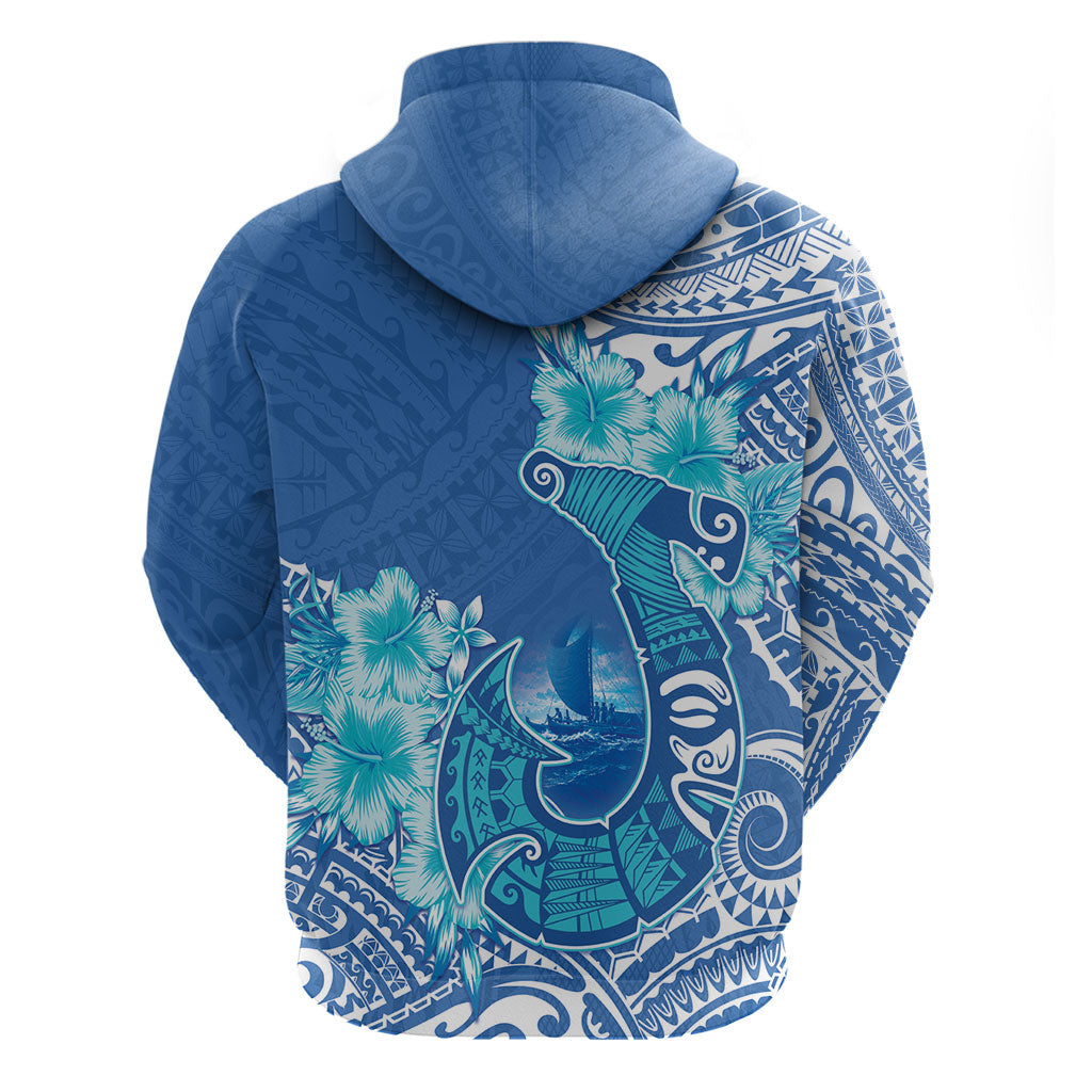 Hawaii Discoverers Day Zip Hoodie Polynesian Fish Hook With Hibiscus Blue