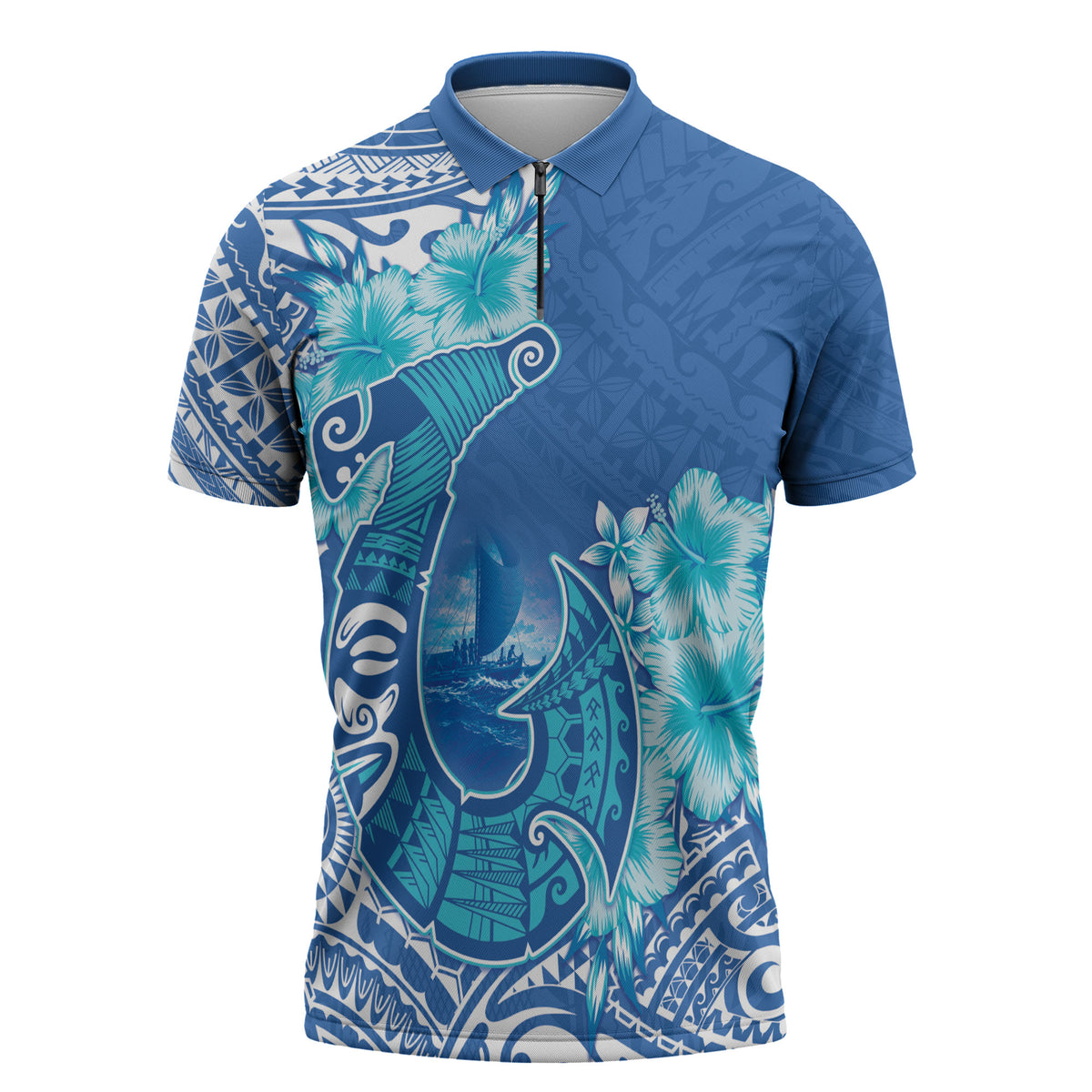 Hawaii Discoverers Day Zipper Polo Shirt Polynesian Fish Hook With Hibiscus Blue