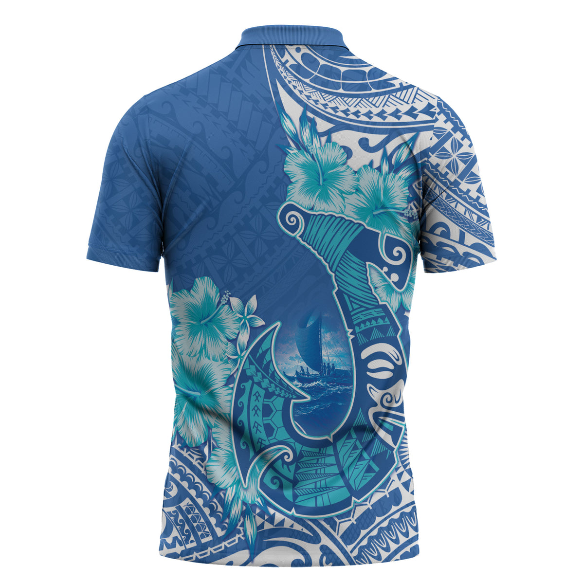 Hawaii Discoverers Day Zipper Polo Shirt Polynesian Fish Hook With Hibiscus Blue