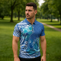 Hawaii Discoverers Day Zipper Polo Shirt Polynesian Fish Hook With Hibiscus Blue