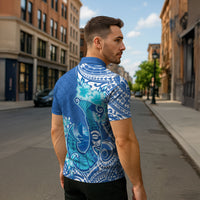 Hawaii Discoverers Day Zipper Polo Shirt Polynesian Fish Hook With Hibiscus Blue