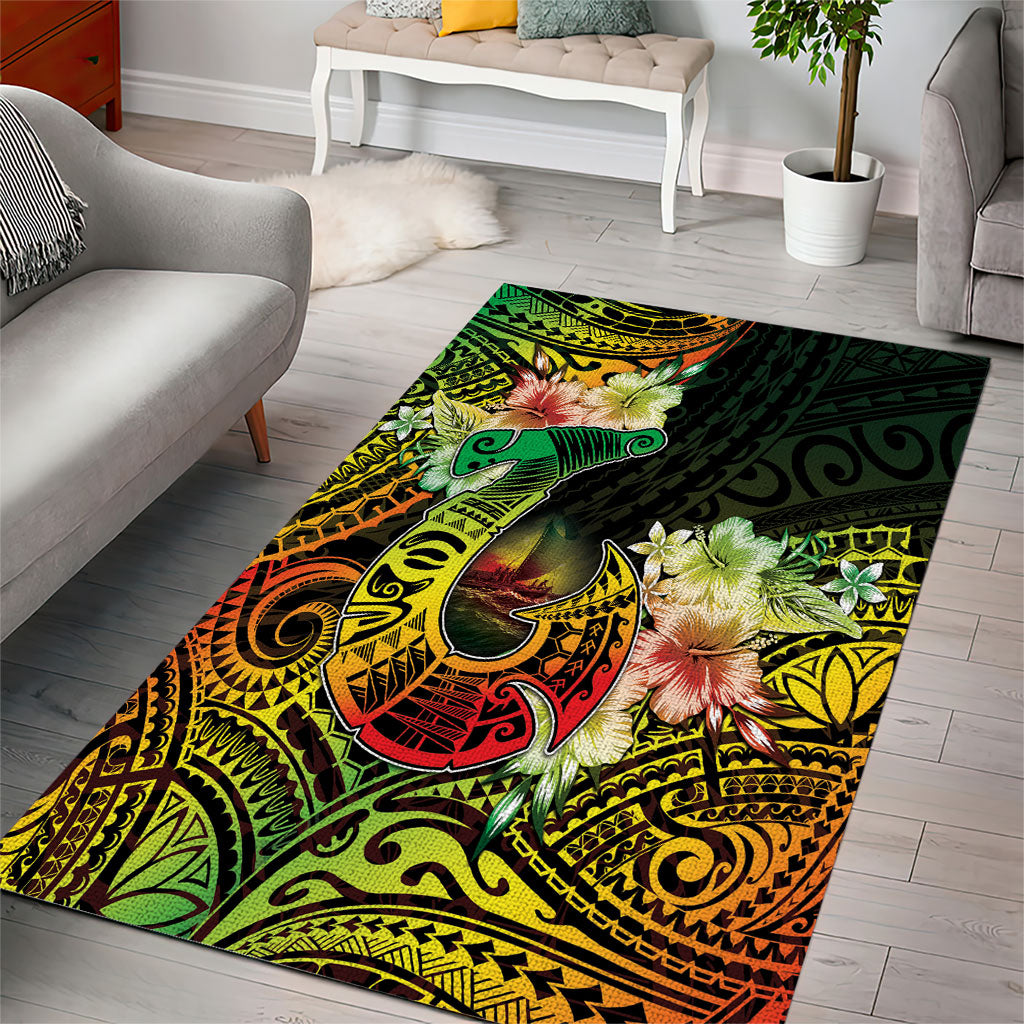 Hawaii Discoverers Day Area Rug Polynesian Fish Hook With Hibiscus Reggae