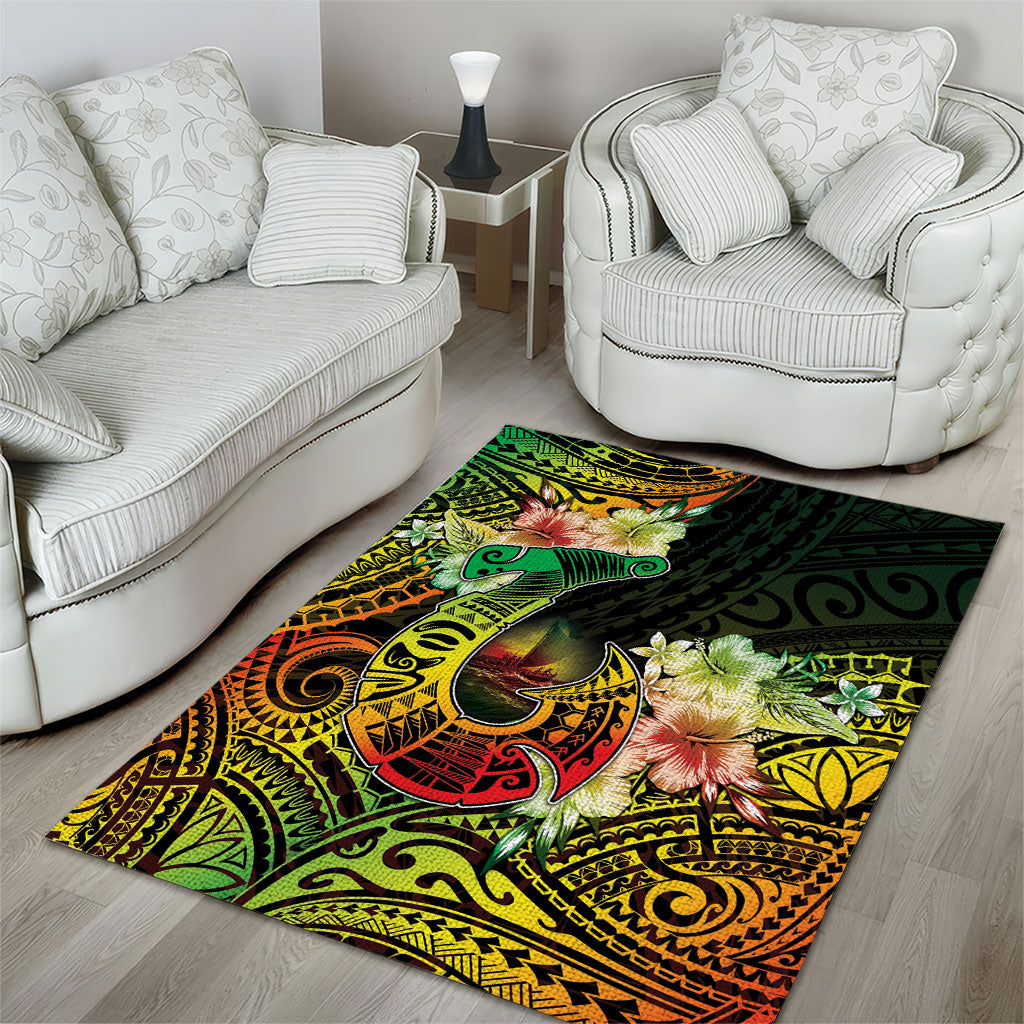 Hawaii Discoverers Day Area Rug Polynesian Fish Hook With Hibiscus Reggae