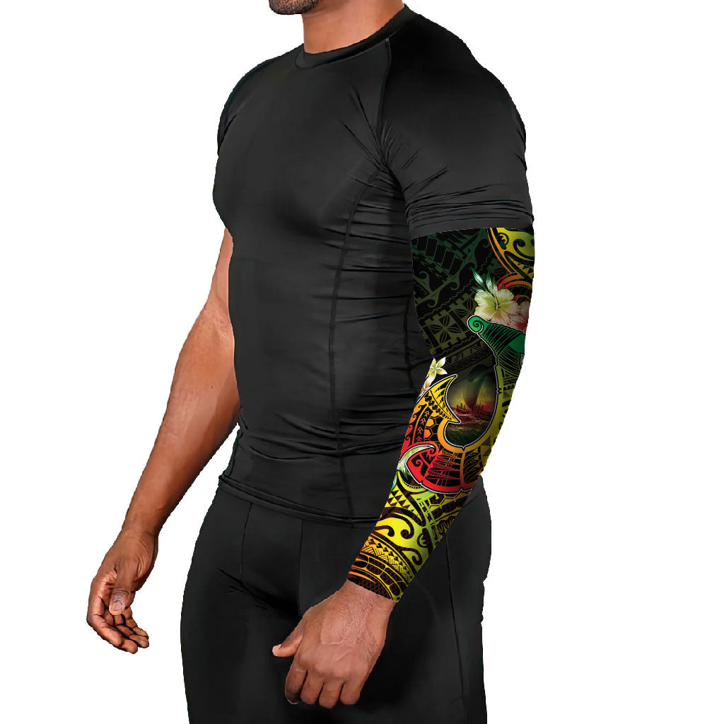 Hawaii Discoverers Day Arm Sleeves Polynesian Fish Hook With Hibiscus Reggae