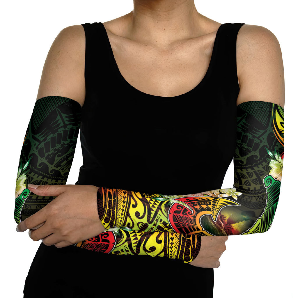 Hawaii Discoverers Day Arm Sleeves Polynesian Fish Hook With Hibiscus Reggae