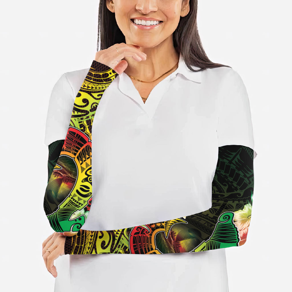 Hawaii Discoverers Day Arm Sleeves Polynesian Fish Hook With Hibiscus Reggae