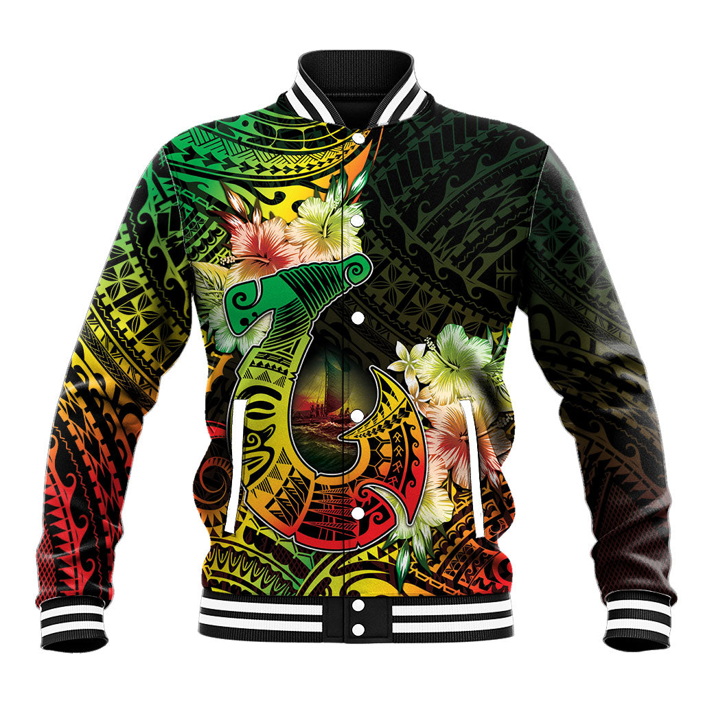 Hawaii Discoverers Day Baseball Jacket Polynesian Fish Hook With Hibiscus Reggae