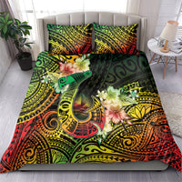 Hawaii Discoverers Day Bedding Set Polynesian Fish Hook With Hibiscus Reggae