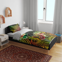 Hawaii Discoverers Day Bedding Set Polynesian Fish Hook With Hibiscus Reggae