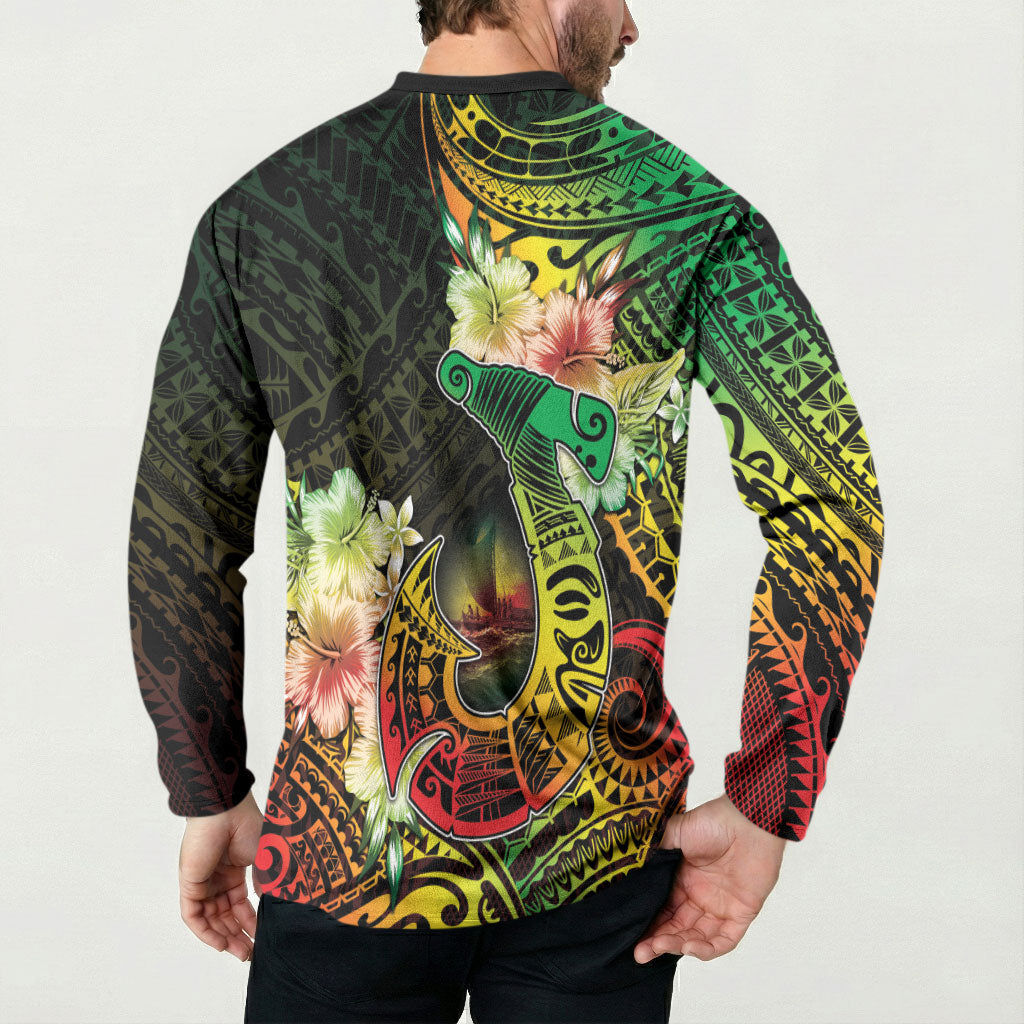 Hawaii Discoverers Day Button Sweatshirt Polynesian Fish Hook With Hibiscus Reggae