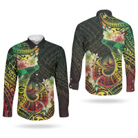 Hawaii Discoverers Day Couples Matching Off Shoulder Maxi Dress and Long Sleeve Button Shirt Polynesian Fish Hook With Hibiscus Reggae
