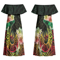 Hawaii Discoverers Day Couples Matching Off Shoulder Maxi Dress and Long Sleeve Button Shirt Polynesian Fish Hook With Hibiscus Reggae