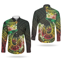 Hawaii Discoverers Day Couples Matching Tank Maxi Dress and Long Sleeve Button Shirt Polynesian Fish Hook With Hibiscus Reggae