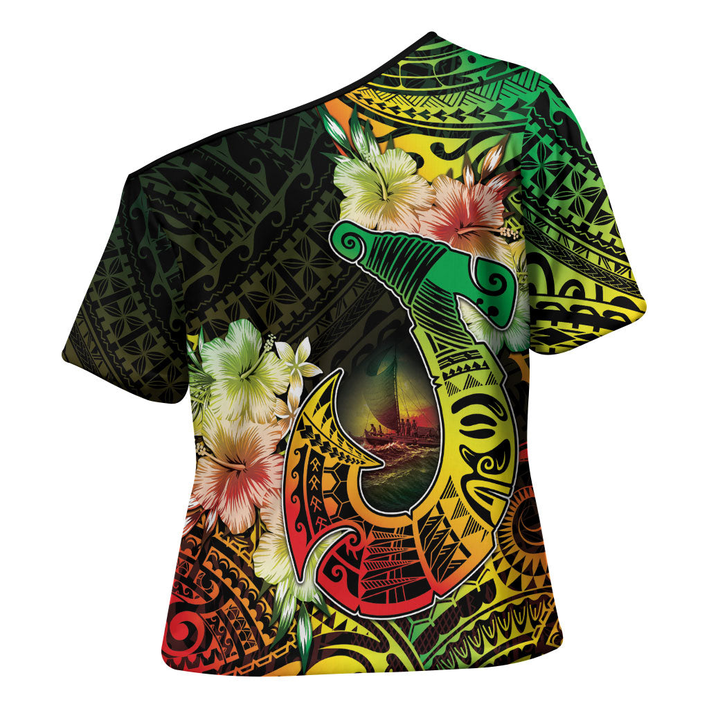 Hawaii Discoverers Day Cross Shoulder Shirt Polynesian Fish Hook With Hibiscus Reggae