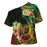 Hawaii Discoverers Day Cross Shoulder Shirt Polynesian Fish Hook With Hibiscus Reggae
