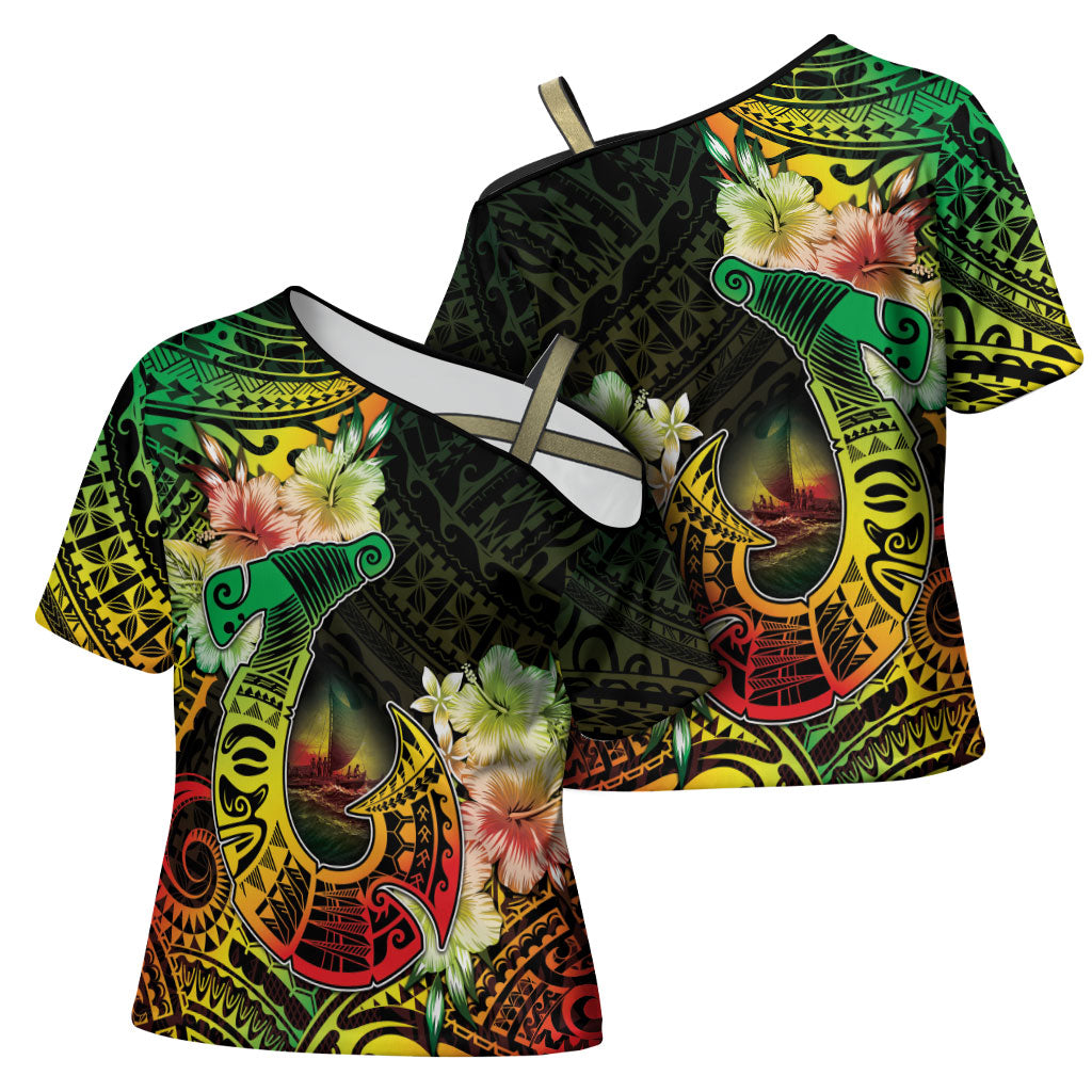 Hawaii Discoverers Day Cross Shoulder Shirt Polynesian Fish Hook With Hibiscus Reggae