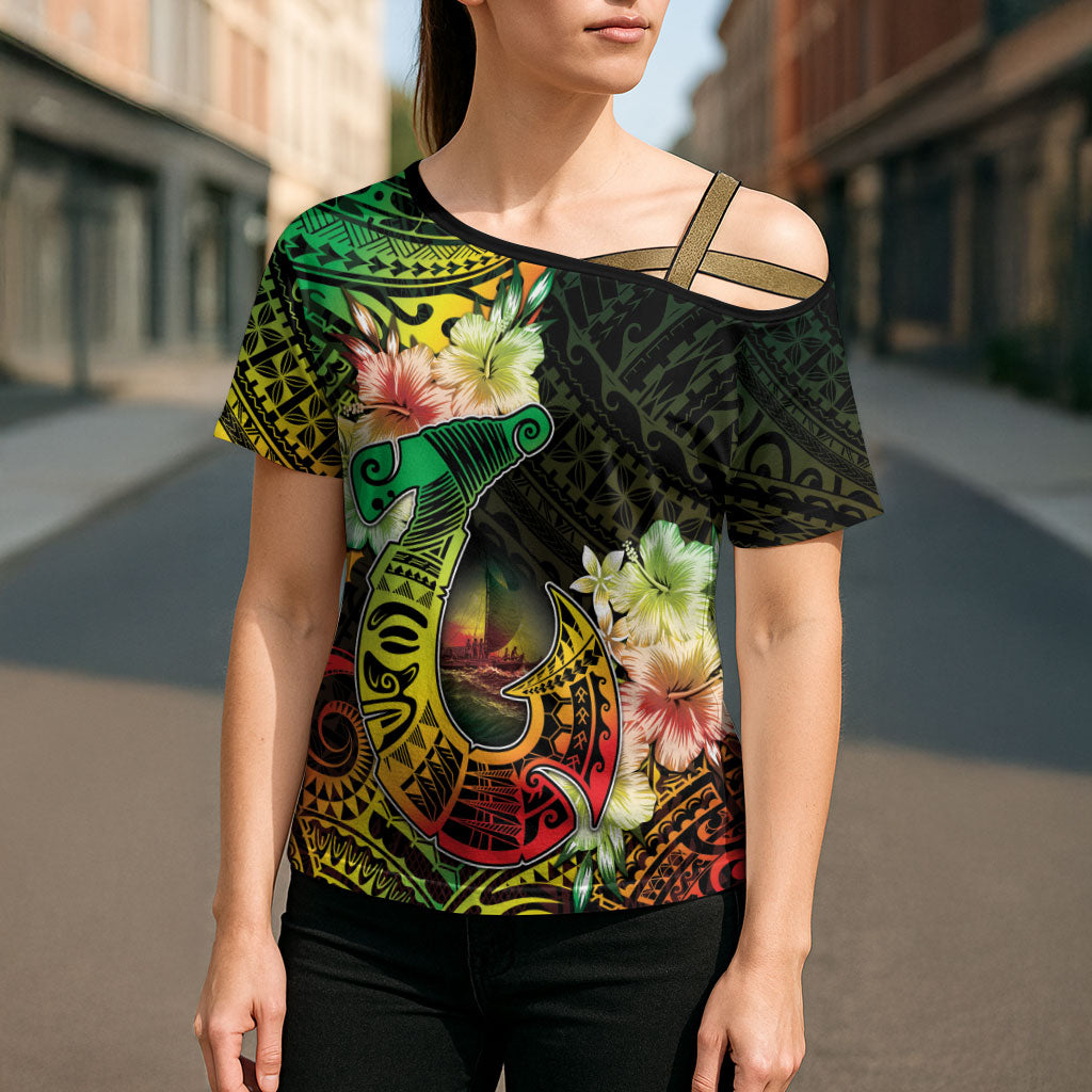 Hawaii Discoverers Day Cross Shoulder Shirt Polynesian Fish Hook With Hibiscus Reggae