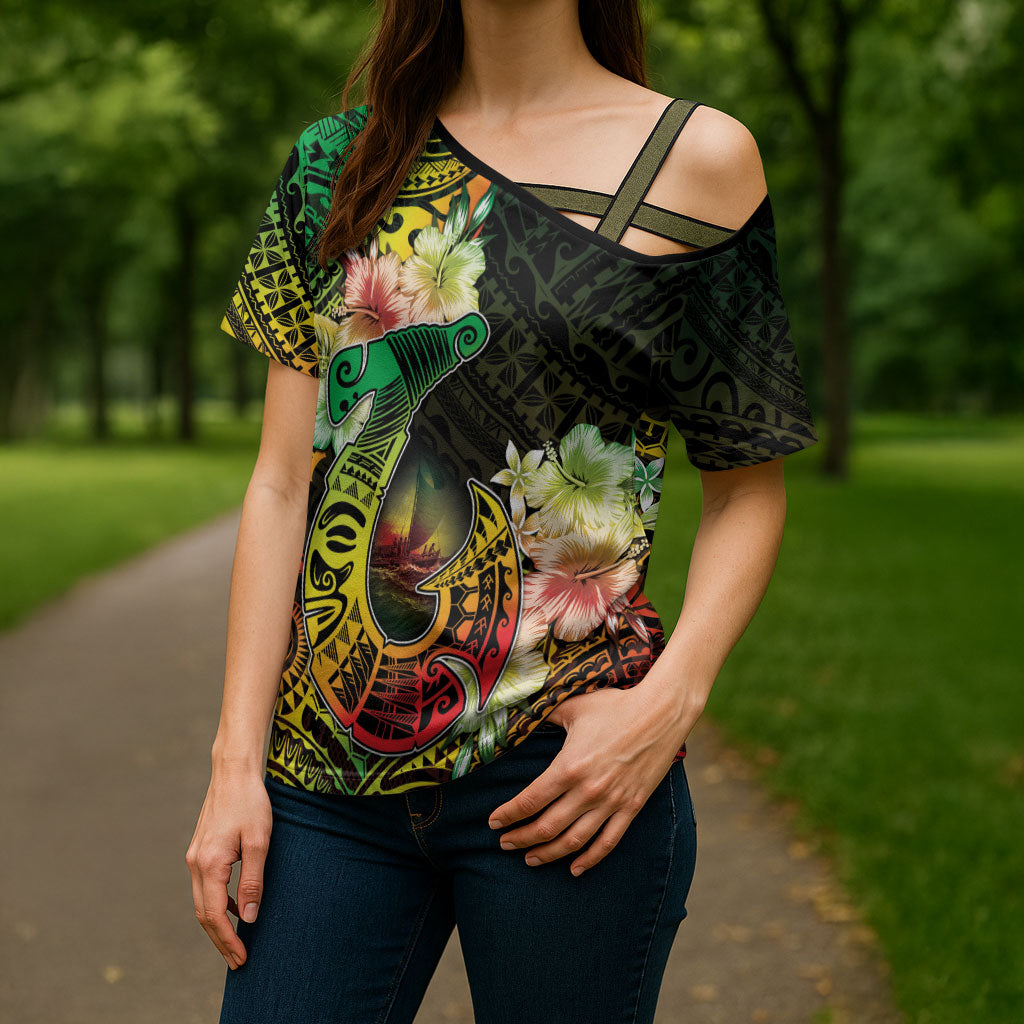 Hawaii Discoverers Day Cross Shoulder Shirt Polynesian Fish Hook With Hibiscus Reggae
