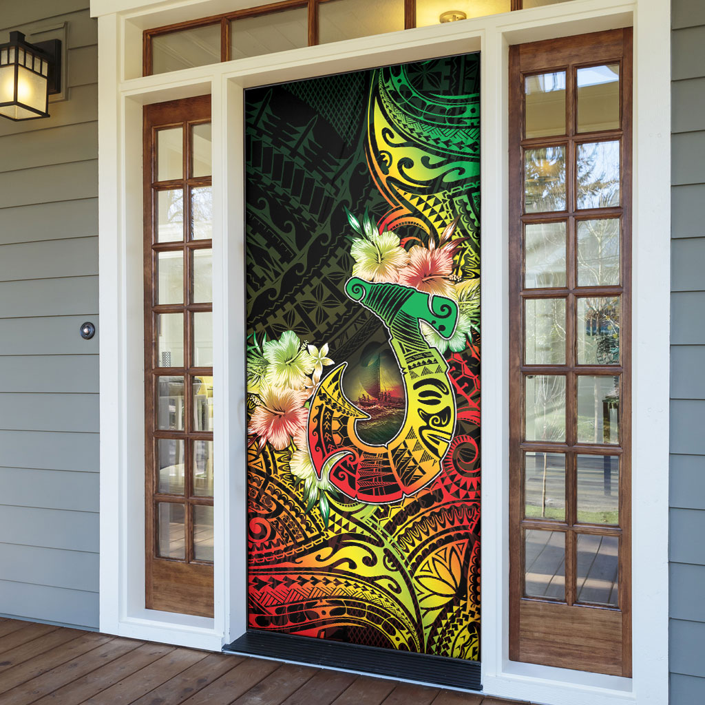 Hawaii Discoverers Day Door Cover Polynesian Fish Hook With Hibiscus Reggae