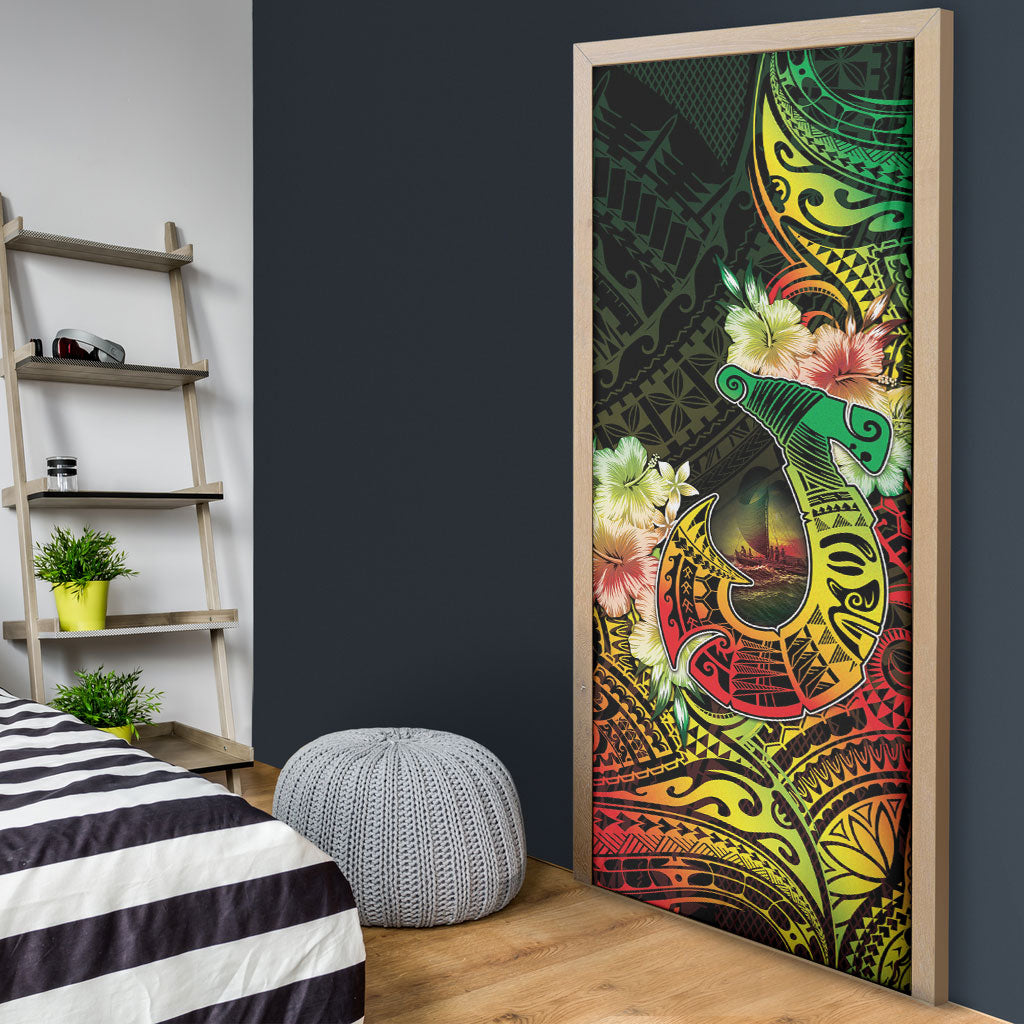 Hawaii Discoverers Day Door Cover Polynesian Fish Hook With Hibiscus Reggae